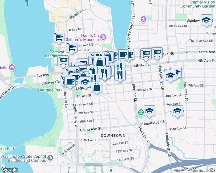 map of restaurants, bars, coffee shops, grocery stores, and more near 411 Legion Way Southeast in Olympia