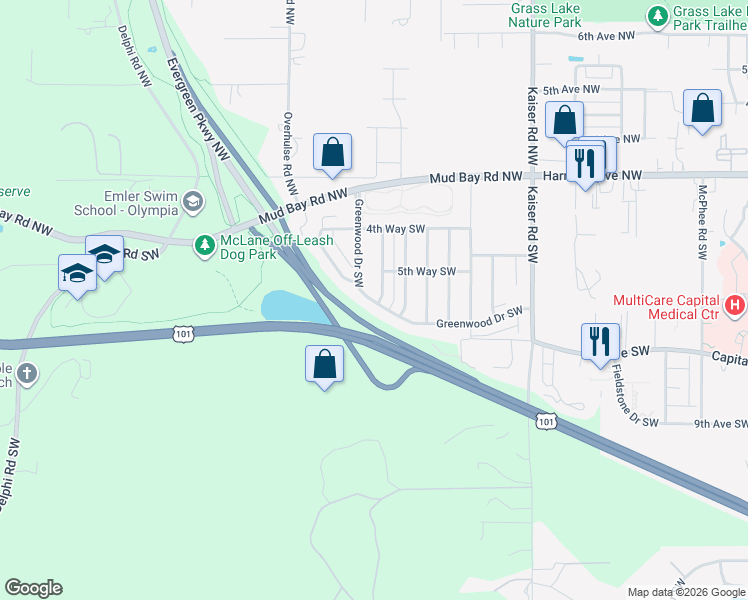map of restaurants, bars, coffee shops, grocery stores, and more near 4937 Greenwood Drive Southwest in Olympia