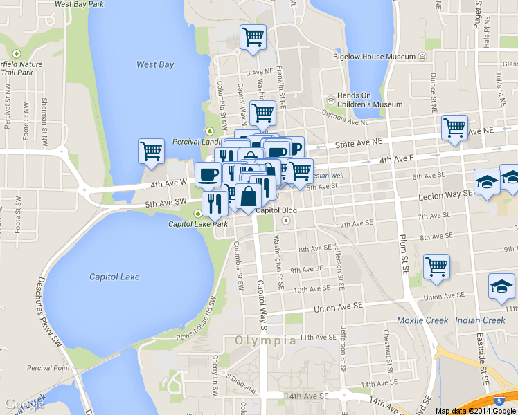 map of restaurants, bars, coffee shops, grocery stores, and more near 600 Capitol Way South in Olympia