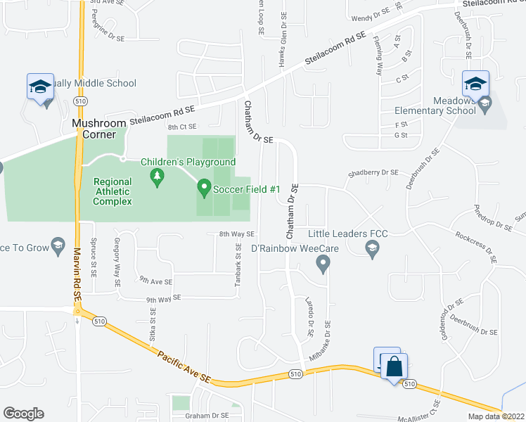 map of restaurants, bars, coffee shops, grocery stores, and more near 1142 Fitz Hugh Drive Southeast in Olympia