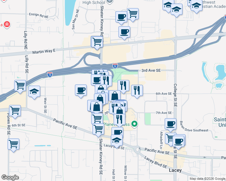 map of restaurants, bars, coffee shops, grocery stores, and more near 602 Sleater Kinney Road Southeast in Lacey
