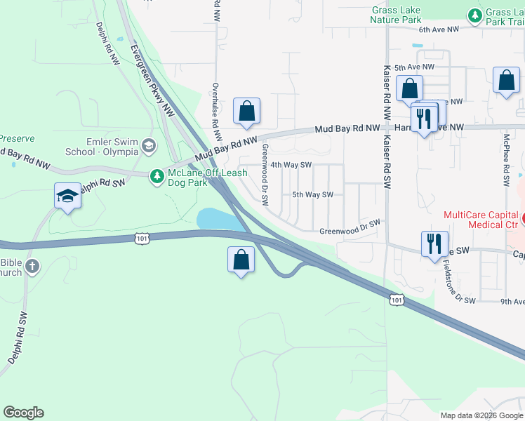 map of restaurants, bars, coffee shops, grocery stores, and more near 4937 Greenwood Drive Southwest in Olympia