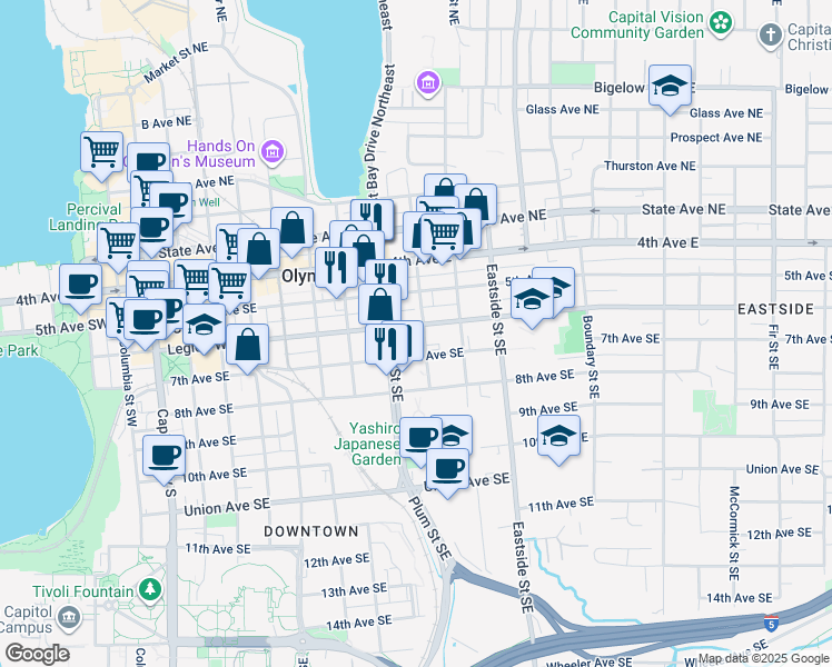 map of restaurants, bars, coffee shops, grocery stores, and more near 801 7th Avenue Southeast in Olympia