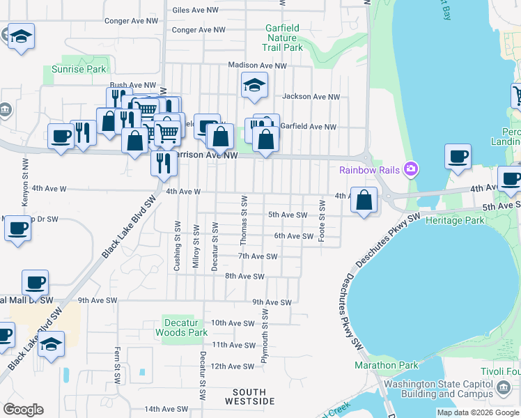 map of restaurants, bars, coffee shops, grocery stores, and more near 1416 6th Avenue Southwest in Olympia