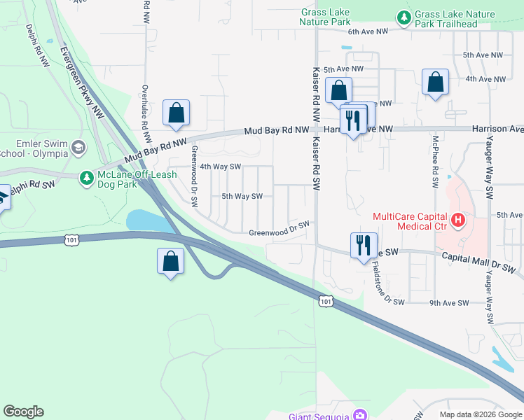 map of restaurants, bars, coffee shops, grocery stores, and more near 625 Woodduck Drive Southwest in Olympia