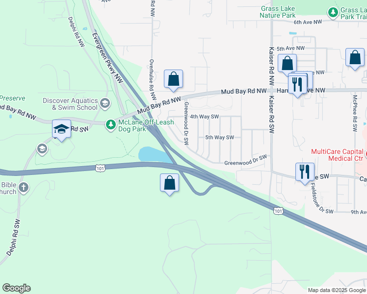 map of restaurants, bars, coffee shops, grocery stores, and more near 4937 Greenwood Drive Southwest in Olympia
