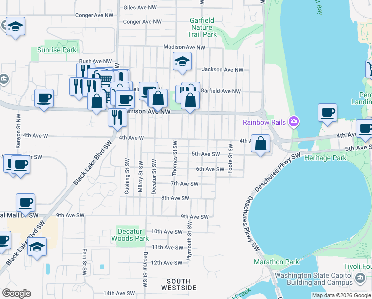 map of restaurants, bars, coffee shops, grocery stores, and more near 1416 6th Avenue Southwest in Olympia