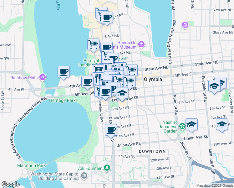 map of restaurants, bars, coffee shops, grocery stores, and more near in Olympia