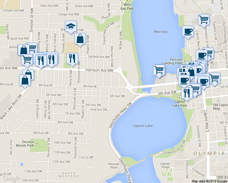 map of restaurants, bars, coffee shops, grocery stores, and more near 101 Sherman Street Northwest in Olympia