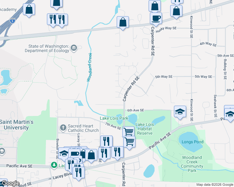 map of restaurants, bars, coffee shops, grocery stores, and more near 6101 Monterey Lane Southeast in Lacey