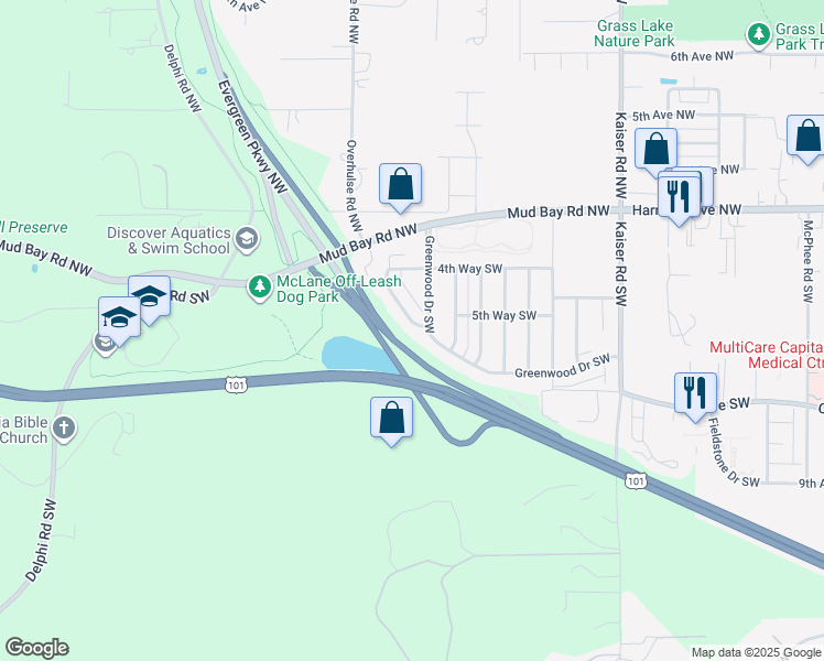 map of restaurants, bars, coffee shops, grocery stores, and more near 511 Greenwood Drive Southwest in Olympia