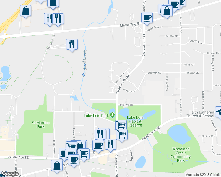map of restaurants, bars, coffee shops, grocery stores, and more near 6101 Monterey Lane Southeast in Lacey