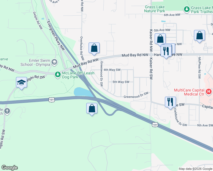 map of restaurants, bars, coffee shops, grocery stores, and more near 529 Sandalwood Drive Southwest in Olympia