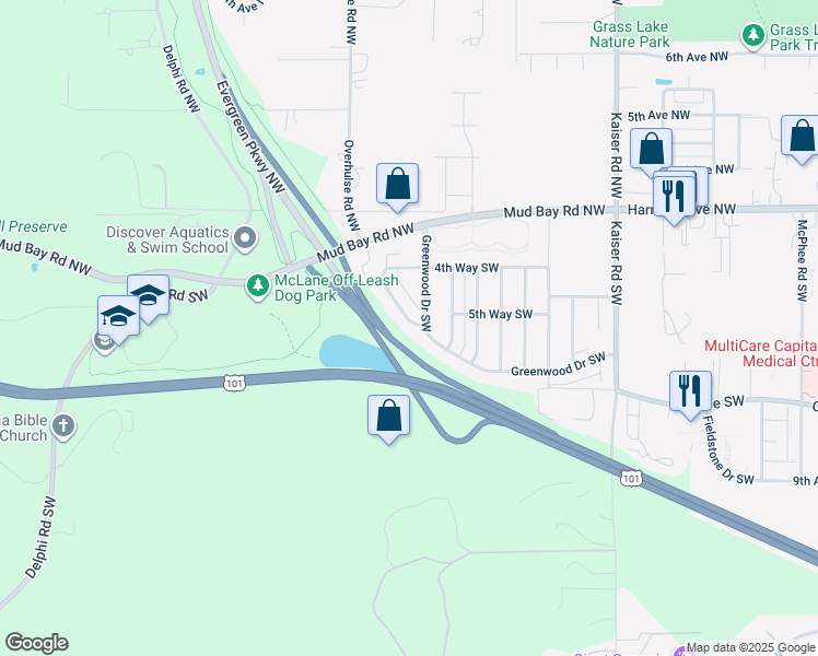 map of restaurants, bars, coffee shops, grocery stores, and more near 511 Greenwood Drive Southwest in Olympia