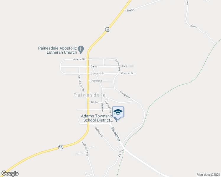 map of restaurants, bars, coffee shops, grocery stores, and more near Evergreen Street in Atlantic Mine