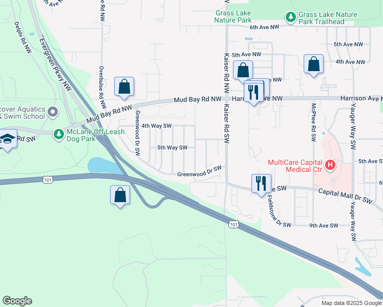map of restaurants, bars, coffee shops, grocery stores, and more near 543 Rosewood Drive Southwest in Olympia