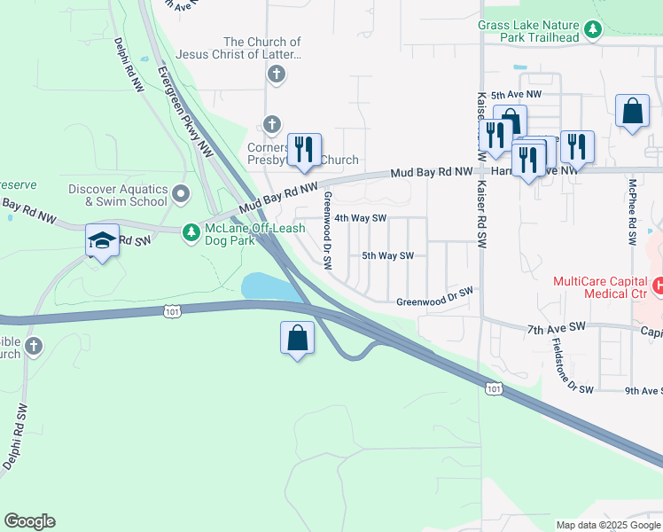 map of restaurants, bars, coffee shops, grocery stores, and more near 538 Greenwood Drive Southwest in Olympia