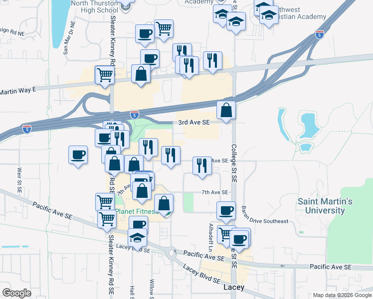 map of restaurants, bars, coffee shops, grocery stores, and more near 4410 6th Avenue Southeast in Lacey