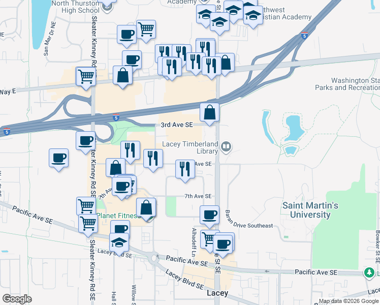 map of restaurants, bars, coffee shops, grocery stores, and more near 4444 6th Avenue Southeast in Lacey