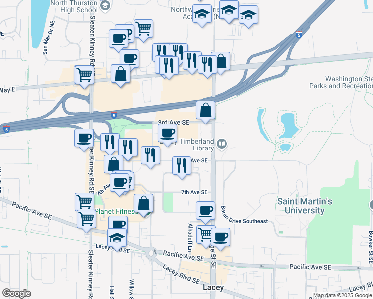 map of restaurants, bars, coffee shops, grocery stores, and more near 4444 6th Avenue Southeast in Lacey