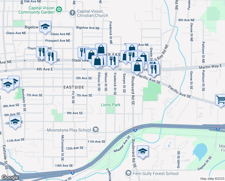 map of restaurants, bars, coffee shops, grocery stores, and more near 526 Wilson Street Southeast in Olympia