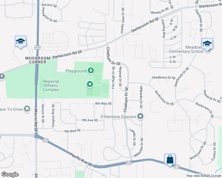 map of restaurants, bars, coffee shops, grocery stores, and more near 1129 Fitz Hugh Drive Southeast in Olympia