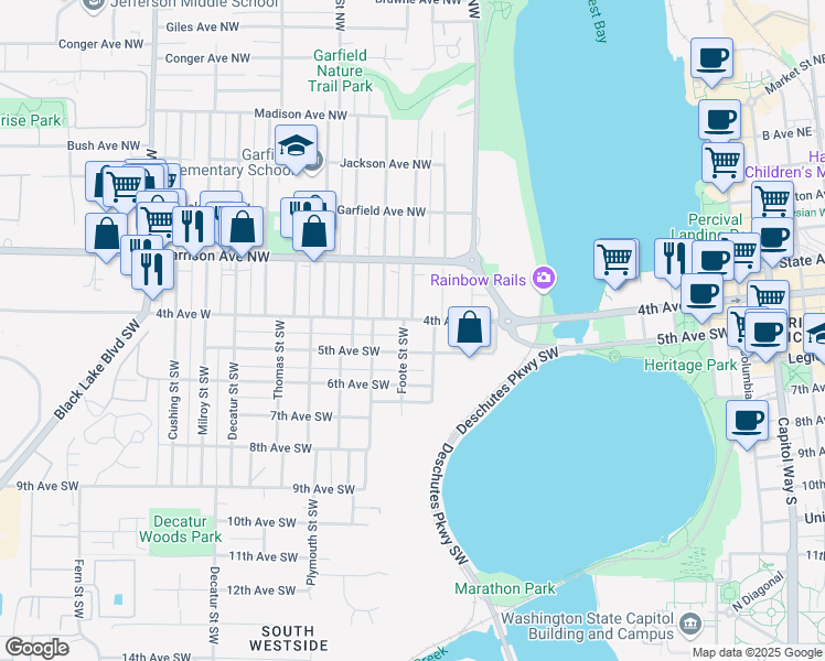 map of restaurants, bars, coffee shops, grocery stores, and more near 109 Foote Street Northwest in Olympia