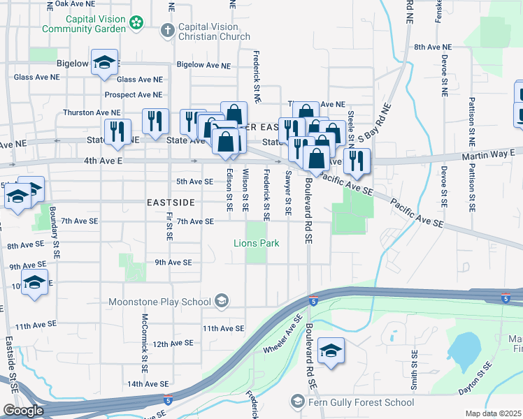 map of restaurants, bars, coffee shops, grocery stores, and more near 526 Wilson Street Southeast in Olympia