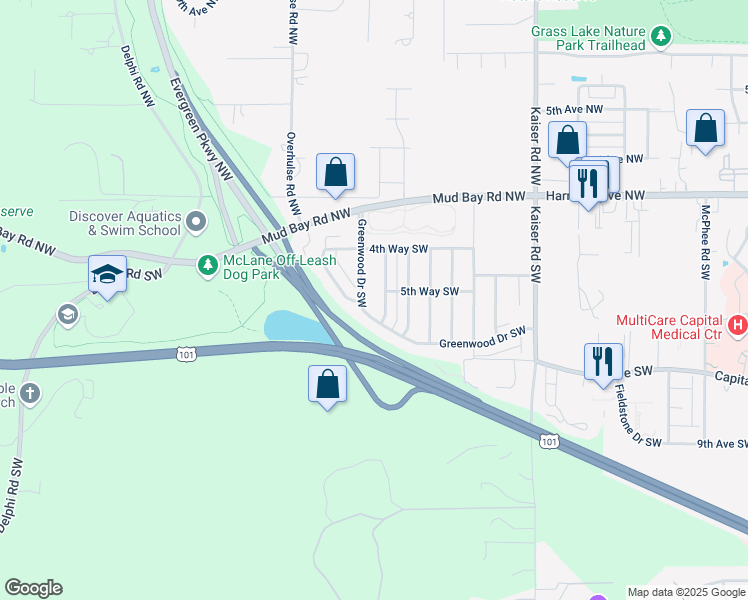 map of restaurants, bars, coffee shops, grocery stores, and more near 520 Greenwood Drive Southwest in Olympia