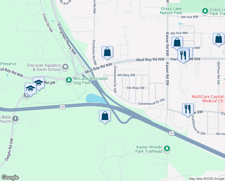 map of restaurants, bars, coffee shops, grocery stores, and more near 511 Greenwood Drive Southwest in Olympia