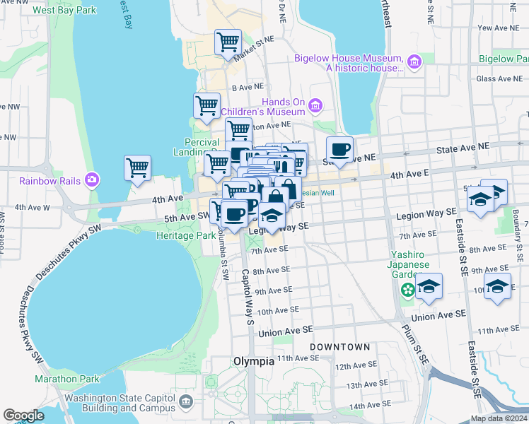 map of restaurants, bars, coffee shops, grocery stores, and more near 502 Washington Street Southeast in Olympia