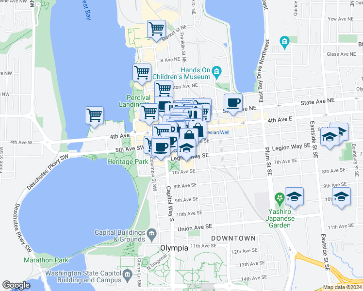 map of restaurants, bars, coffee shops, grocery stores, and more near 502 Washington Street Southeast in Olympia