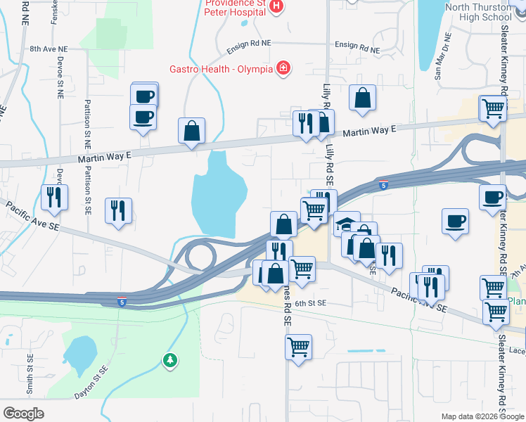 map of restaurants, bars, coffee shops, grocery stores, and more near 517 Stoll Road Southeast in Olympia