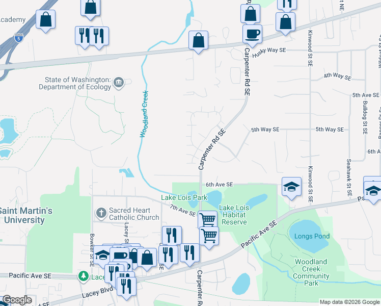 map of restaurants, bars, coffee shops, grocery stores, and more near 6101 Monterey Lane Southeast in Lacey