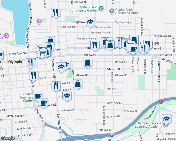 map of restaurants, bars, coffee shops, grocery stores, and more near 1502 Legion Way Southeast in Olympia