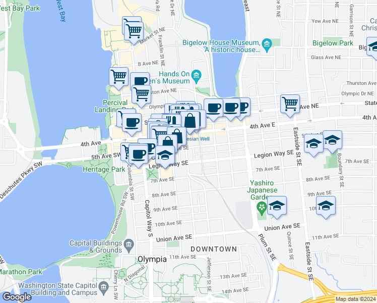 map of restaurants, bars, coffee shops, grocery stores, and more near 326 5th Avenue Southeast in Olympia