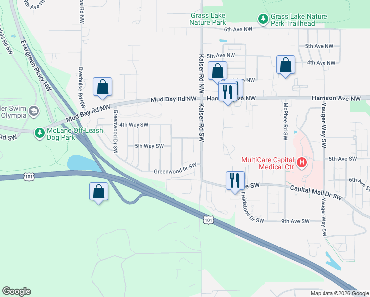 map of restaurants, bars, coffee shops, grocery stores, and more near 529 Cherrywood Drive Southwest in Olympia