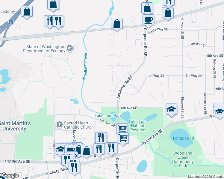 map of restaurants, bars, coffee shops, grocery stores, and more near 6101 Monterey Lane Southeast in Lacey