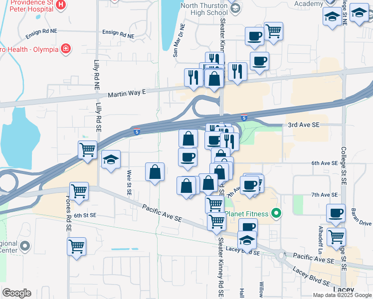map of restaurants, bars, coffee shops, grocery stores, and more near 651 Sleater Kinney Rd SE in Lacey