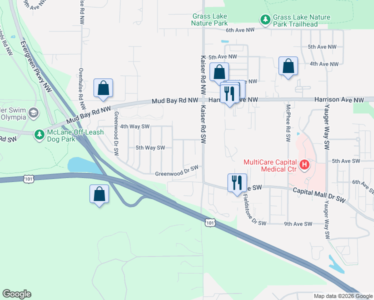map of restaurants, bars, coffee shops, grocery stores, and more near 529 Cherrywood Drive Southwest in Olympia