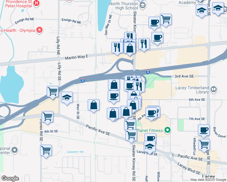map of restaurants, bars, coffee shops, grocery stores, and more near 651 Sleater Kinney Road Southeast in Lacey