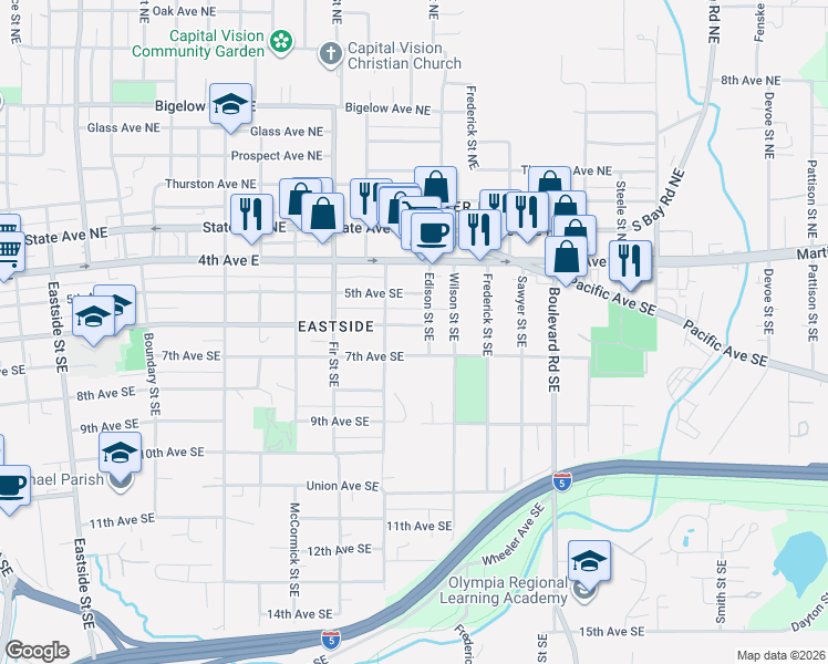 map of restaurants, bars, coffee shops, grocery stores, and more near 1923 Legion Way Southeast in Olympia