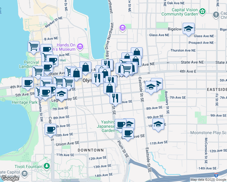 map of restaurants, bars, coffee shops, grocery stores, and more near 510 Plum Street Southeast in Olympia