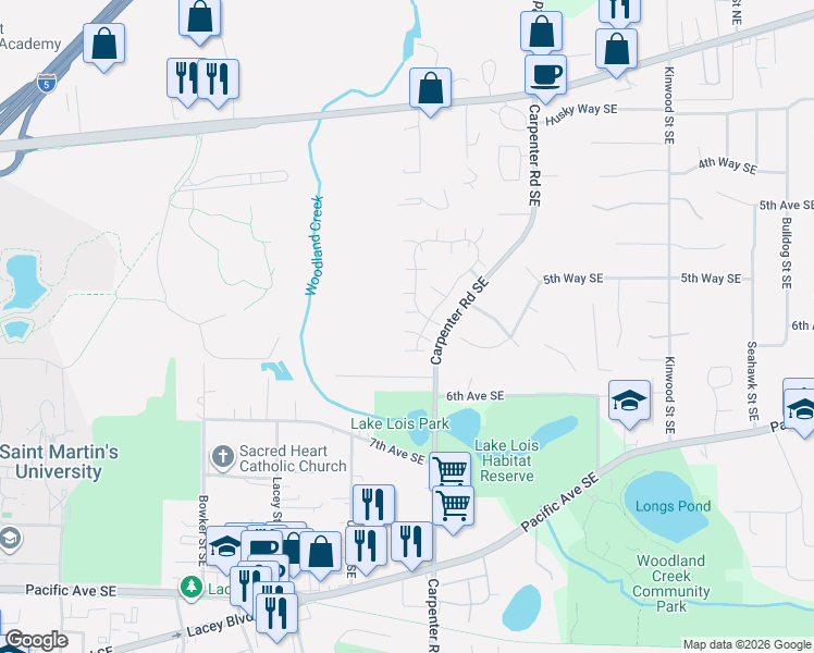 map of restaurants, bars, coffee shops, grocery stores, and more near 6101 Monterey Lane Southeast in Lacey