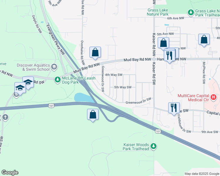 map of restaurants, bars, coffee shops, grocery stores, and more near 520 Greenwood Drive Southwest in Olympia