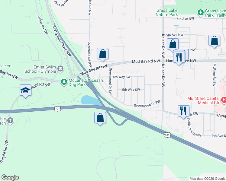 map of restaurants, bars, coffee shops, grocery stores, and more near 529 Sandalwood Drive Southwest in Olympia