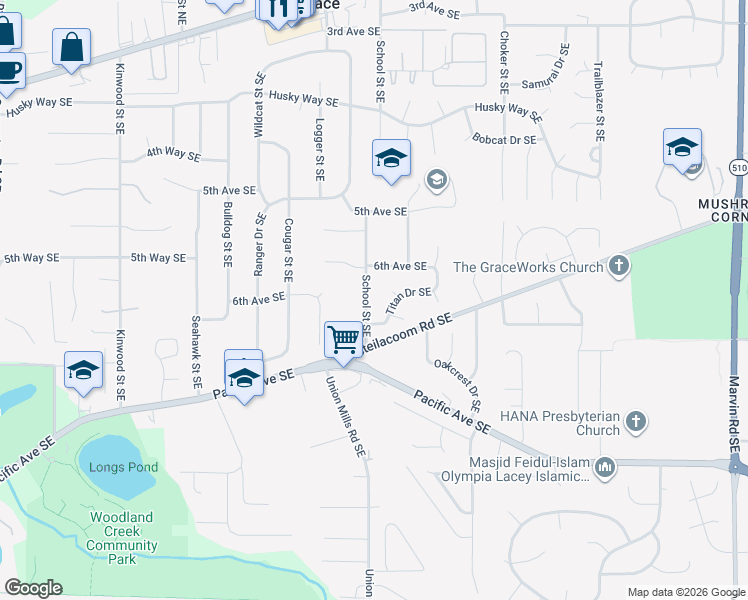map of restaurants, bars, coffee shops, grocery stores, and more near 619 School Street Southeast in Lacey