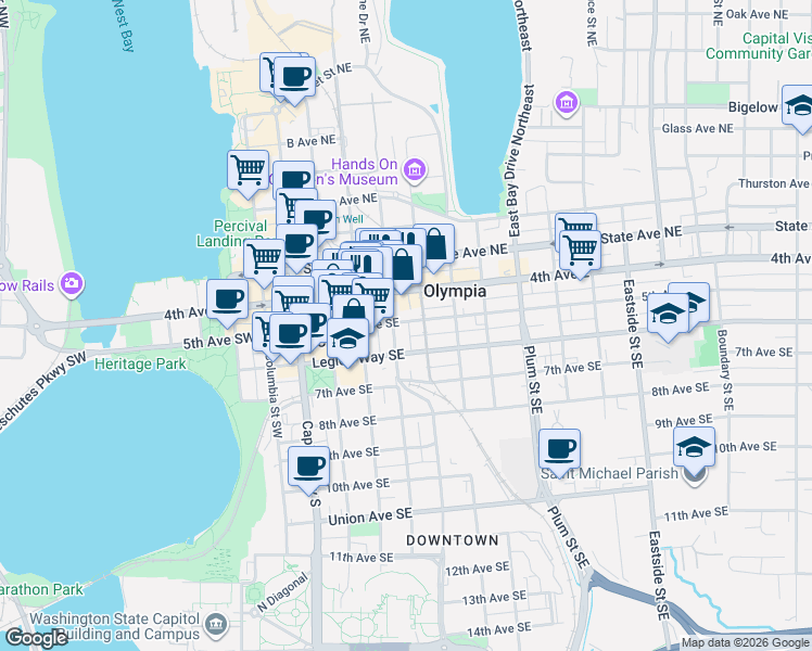 map of restaurants, bars, coffee shops, grocery stores, and more near 406 Legion Way Southeast in Olympia