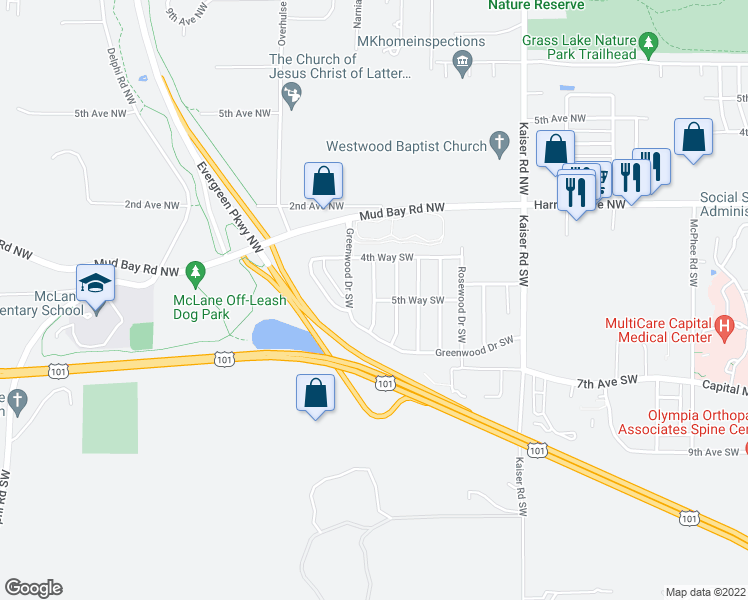 map of restaurants, bars, coffee shops, grocery stores, and more near 529 Sandalwood Drive Southwest in Olympia