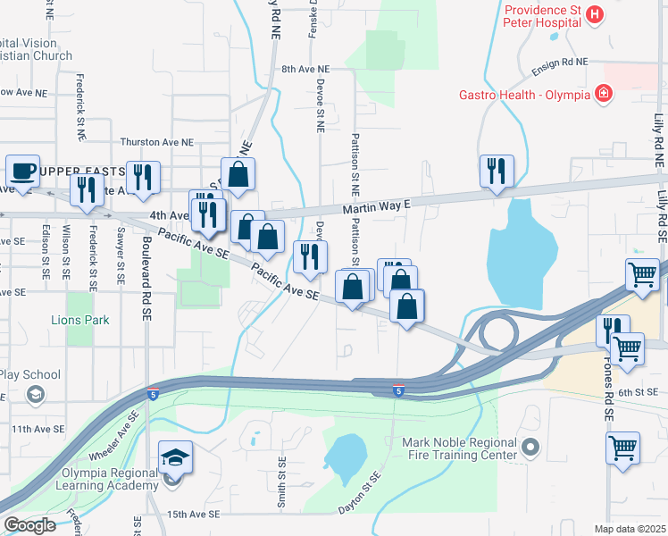 map of restaurants, bars, coffee shops, grocery stores, and more near 527 Pattison Street Northeast in Olympia